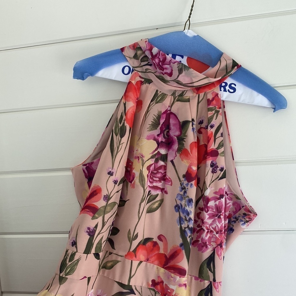 Eliza J | Halter Neck Floral Print Chiffon Sleeveless Side Slit Cascade Ruffle - Picture 3 of 11